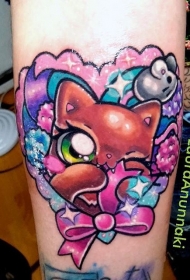 插画风格彩色幻想猫与星星蝴蝶结纹身图案