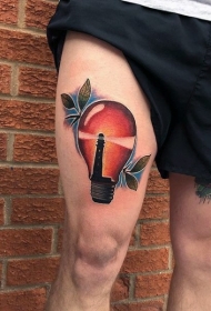 大腿彩色的灯泡和树叶蓝色烟雾纹身图案