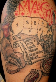 肩部彩色丰富的餐桌与膳食纹身图片