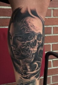 new school骷髅和女人肖像纹身图案