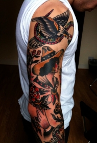 old school彩色墨西哥女性与鹰和玫瑰纹身图案