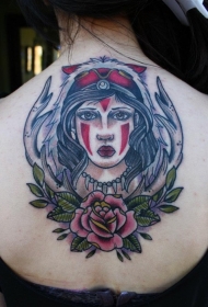 old schoo背部彩色部落妇女肖像与鹿角和玫瑰纹身图案