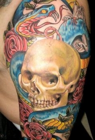 大臂old school彩色骷髅与蛇和老鼠纹身图案