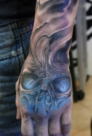 手背new school蓝色恶魔骷髅纹身图案