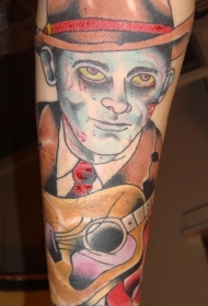 手臂彩色僵尸弹吉他纹身图案