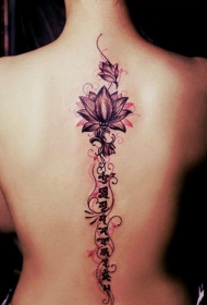 背部亚洲风格汉字和莲花纹身图案
