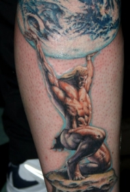 腿部彩色泰坦抱星球纹身图案