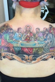 背部令人印象深刻的彩色最后的晚餐纹身图案