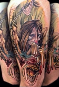 腿部彩色令人毛骨悚然的部落怪物纹身