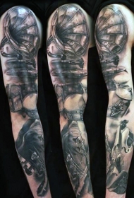 花臂黑白老式音乐主题纹身图案