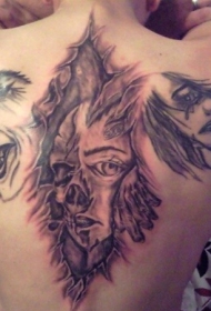 背部各种不同的黑白小丑脸纹身图案