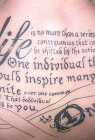 背部黑色的英文字母纹身图案