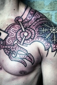 胸部和肩部点刺风格古代盔甲纹身图案