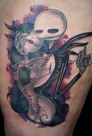 腿部彩色怪物夫妇纹身图案