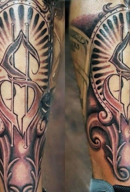 小腿古怪的盔甲和金钱符号纹身图案
