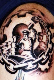 肩部黑棕色工人和连锁纹身图片