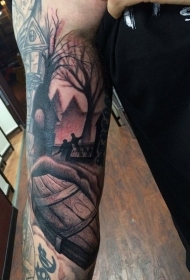 手臂简易设计的木制棺材和教堂纹身图案