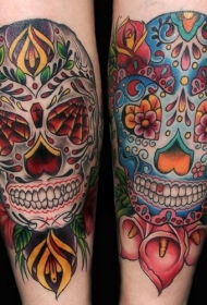女性手臂彩色骷髅头纹身图片