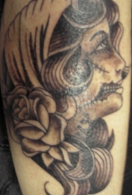 腿部棕色复古僵尸女孩纹身图案