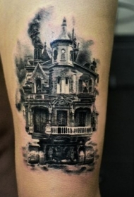 大腿old school黑白老房子纹身图案