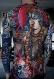 满背彩色的印度教女神和骷髅纹身图案