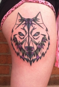 腿部彩色保鲁夫狼头几何风格纹身图案