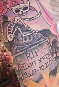 墓碑和猫骨架彩色纹身图案