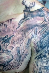 半甲狩猎主题黑灰猎人与动物纹身图案