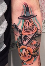 手臂彩色卡通搞笑绅士鬼和玫瑰纹身图案
