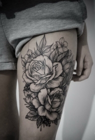 大腿黑灰线条玫瑰纹身图案