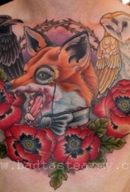 胸部old school彩色各种动物与花朵纹身图案