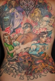 背部大量的五颜六色漫画人物纹身图案