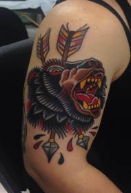 大臂彩色old school熊头与箭头纹身图案