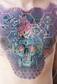 胸部彩色的骷髅与耳机几何纹身图案