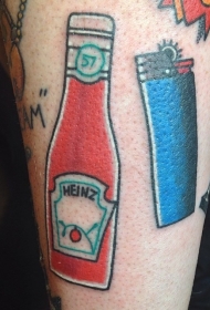 腿部彩色简单的番茄酱瓶与打火机纹身