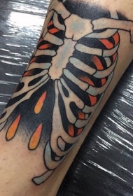 腿部老式学校风格彩色骨架纹身