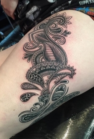 大腿个性黑色好看的植物纹身图案