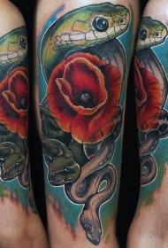 手臂美丽逼真的彩色蛇与花朵纹身图案