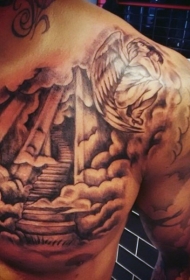 半甲黑灰楼梯与云朵天使纹身图案