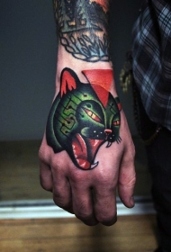 手背old school彩色咆哮猫和几何纹身图案