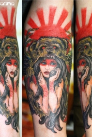 小臂new school彩色恶魔熊头女人纹身图案