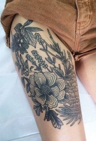 大腿old school黑白花卉纹身图案