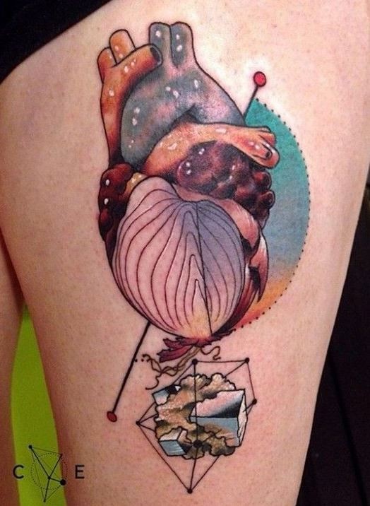 大腿创意彩绘心脏几何纹身图案