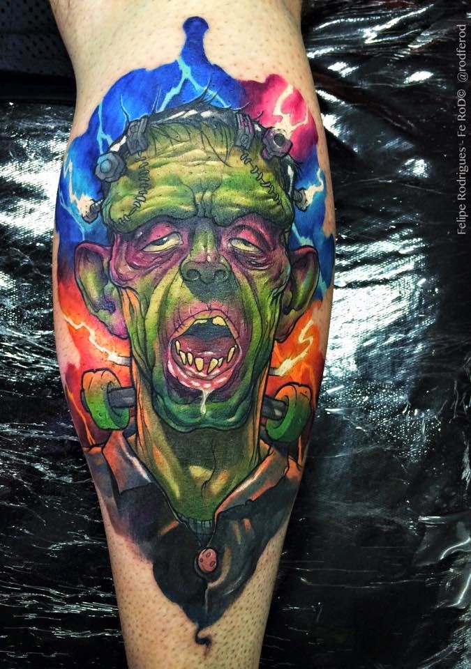 小腿彩色卡通僵尸怪物纹身图案