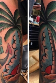 old school手绘彩色棕榈树和船锚手臂纹身图案