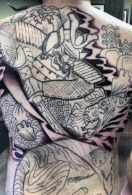 背部简单的武士斗虎和菊花纹身图案