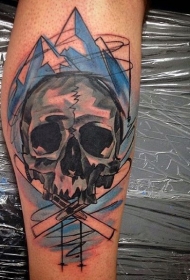 腿部水彩风格的人类头骨纹身图案