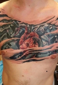 new school胸部彩色机械和心脏纹身图案