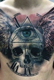 胸部神秘骷髅翅膀和几何眼睛纹身图案