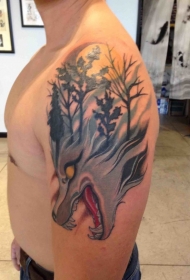 新学校插画风格恶魔狼森林纹身图案